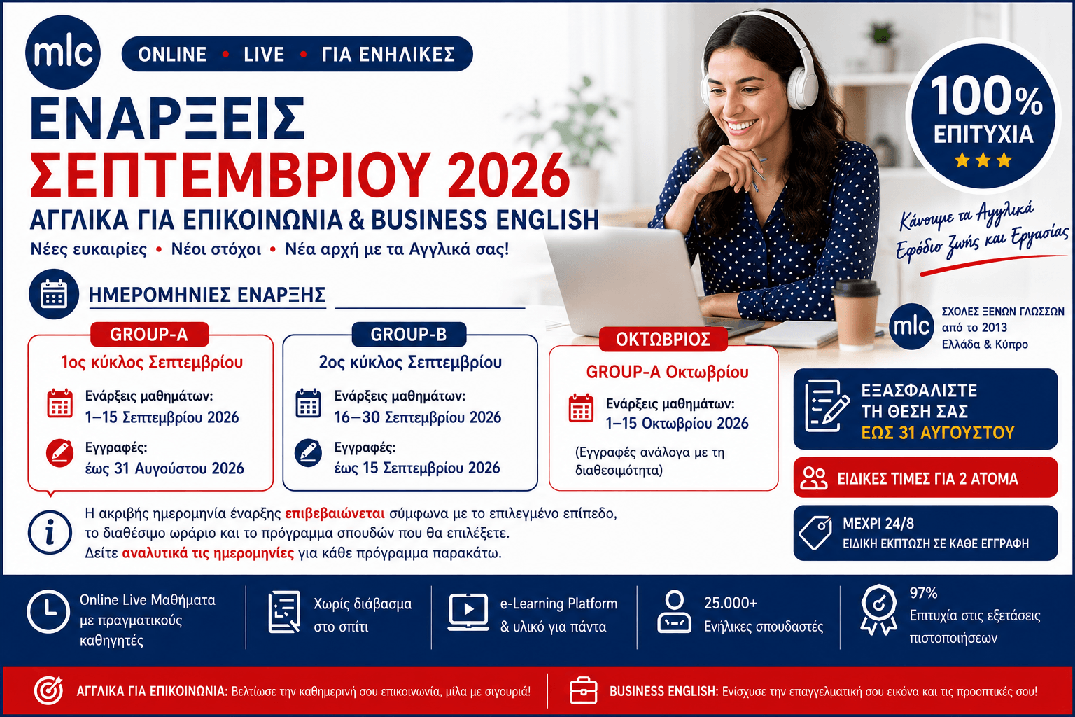 Νέες ενάρξεις online live μαθημάτων Αγγλικών για ενήλικες στο MLC Athens, Group A και Group B Σεπτεμβρίου 2026