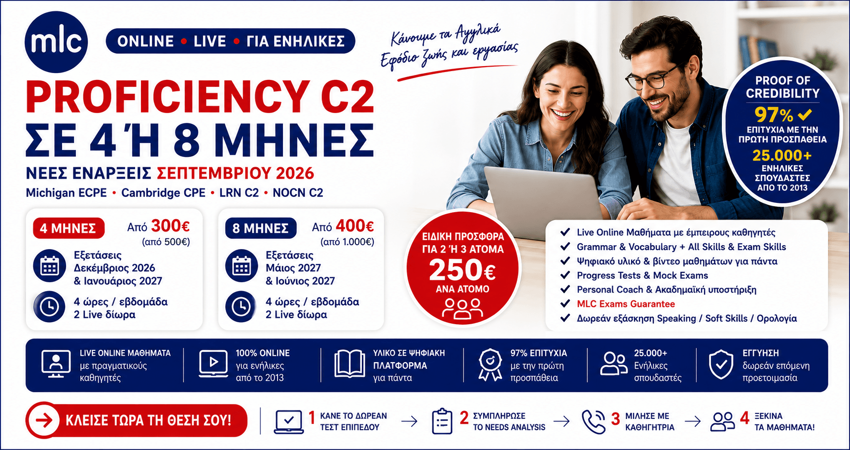 Online μαθήματα Proficiency C2 για ενήλικες διάρκειας 4 ή 8 μηνών – ενάρξεις Σεπτεμβρίου 2026