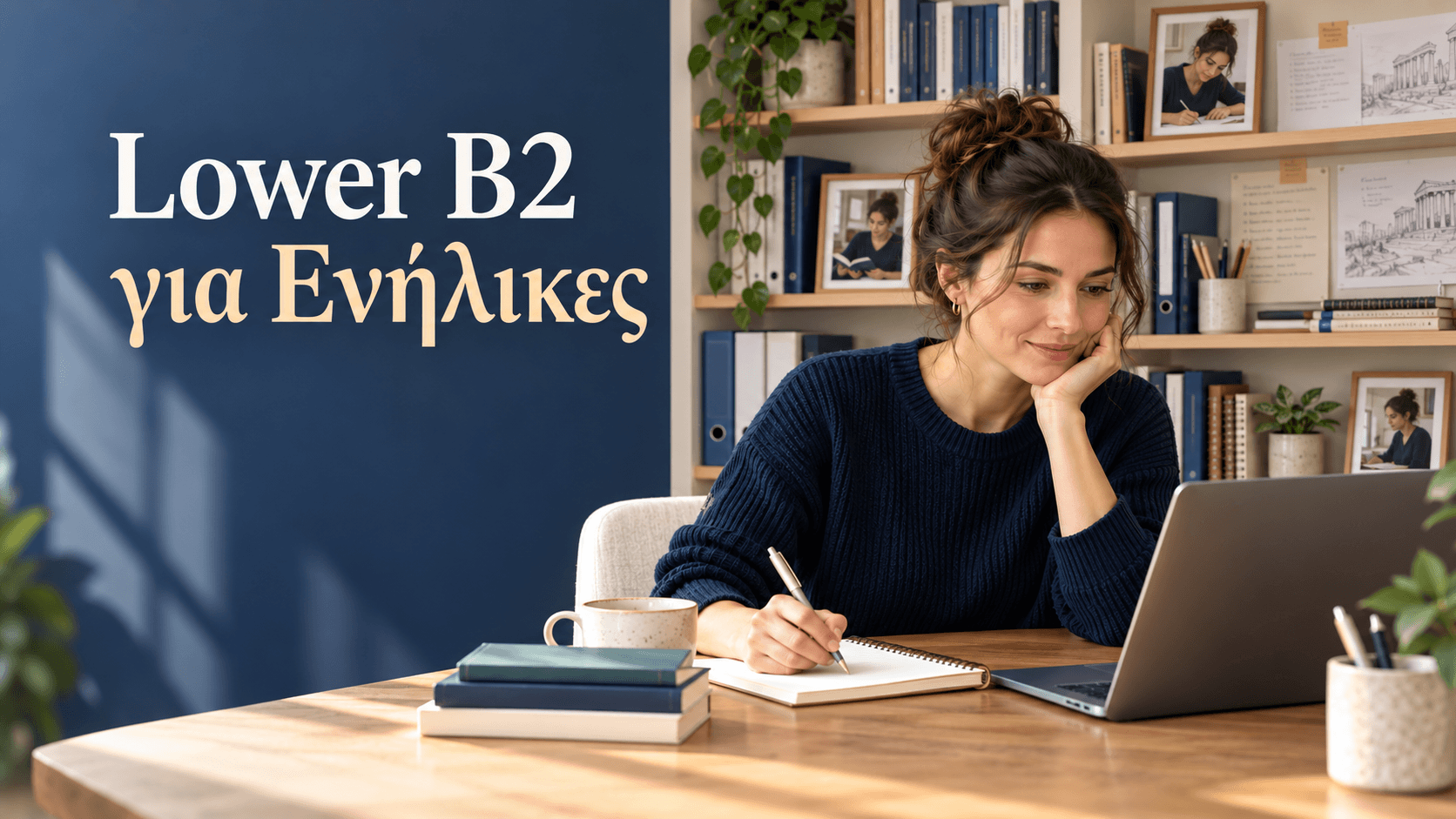 Lower B2 για ενήλικες: σπουδάστρια μελετά μπροστά σε βιβλιοθήκη με βιβλία, ντοσιέ και σημειώσεις