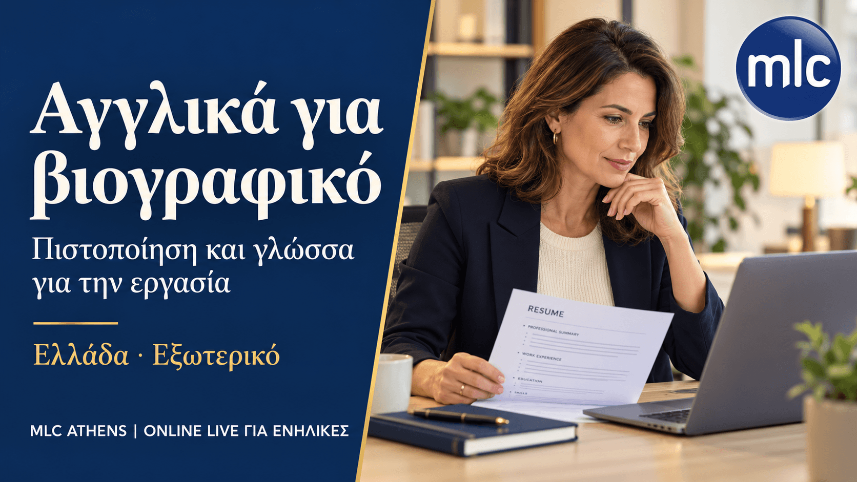 Ενήλικη επαγγελματίας εξετάζει το βιογραφικό της μπροστά σε laptop, δίπλα στον τίτλο «Αγγλικά για βιογραφικό» και το λογότυπο MLC.