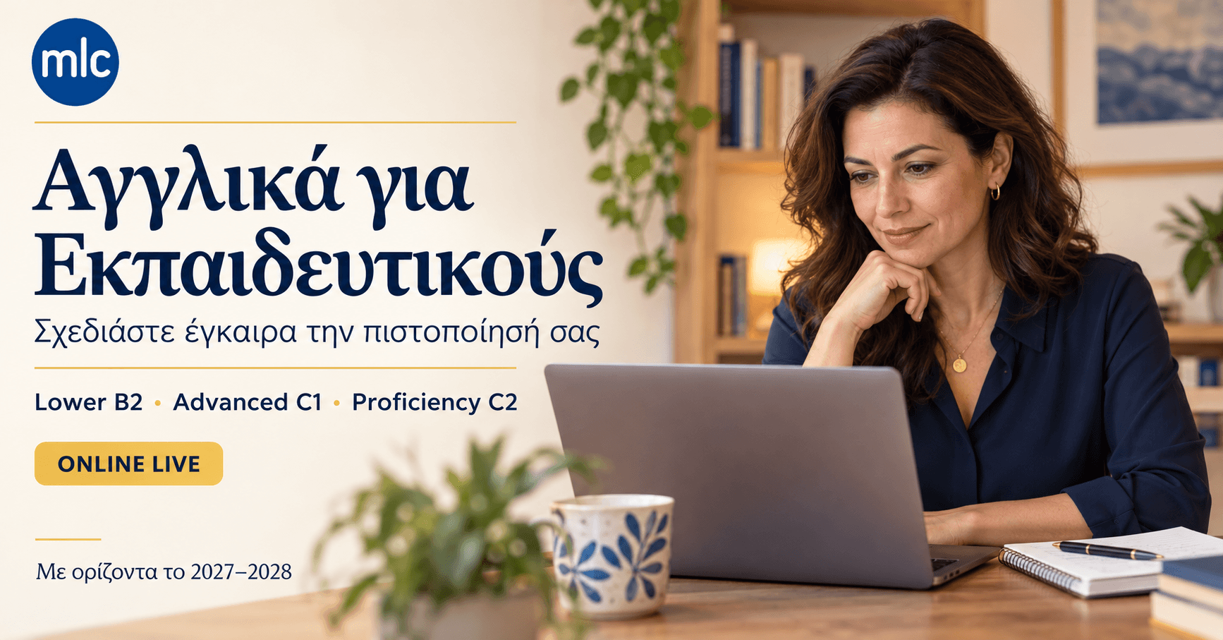 Εκπαιδευτικός με laptop και τίτλος «Αγγλικά για Εκπαιδευτικούς», με επιλογές Lower B2, Advanced C1 και Proficiency C2 του MLC.