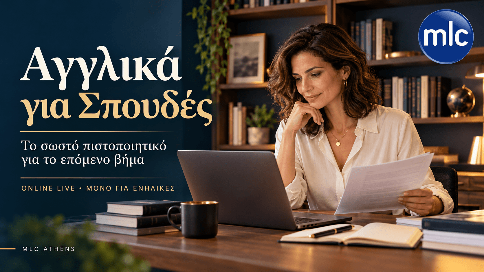 Ενήλικη μελετά σε laptop για τις σπουδές της, δίπλα στον τίτλο «Αγγλικά για Σπουδές» και το λογότυπο MLC.